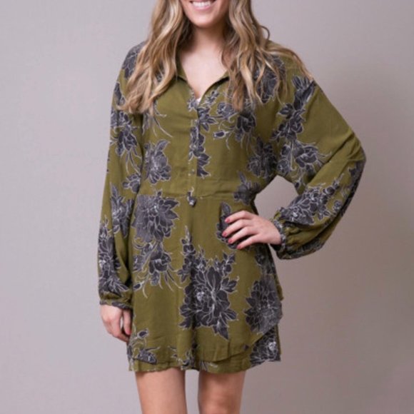 Free People Dresses & Skirts - Free People Boho Olive Floral Shake It Mini Dress